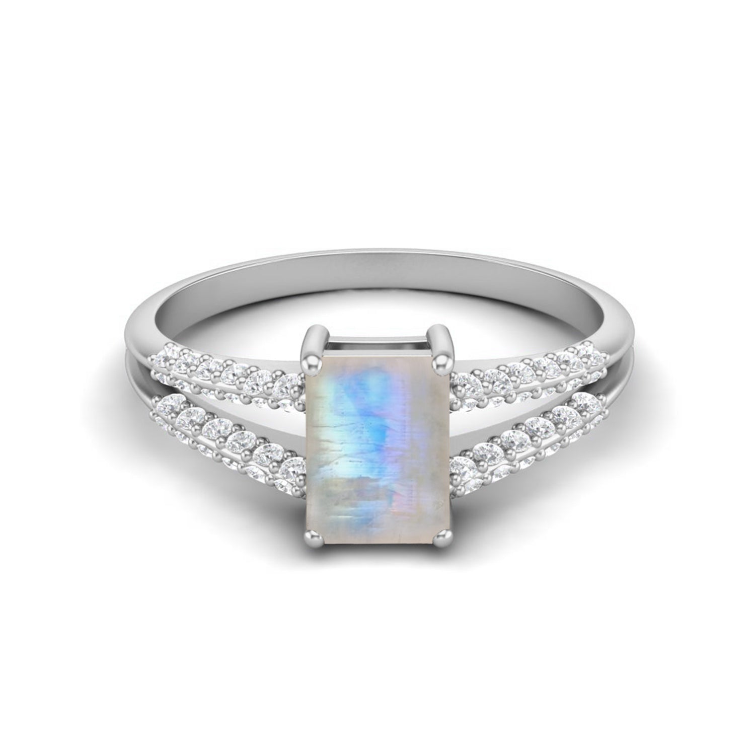 

7X5MM Octagon Moonstone Gemstone 925 Sterling Silver Solitaire Split Shank Women Wedding Ring 7.5 білий