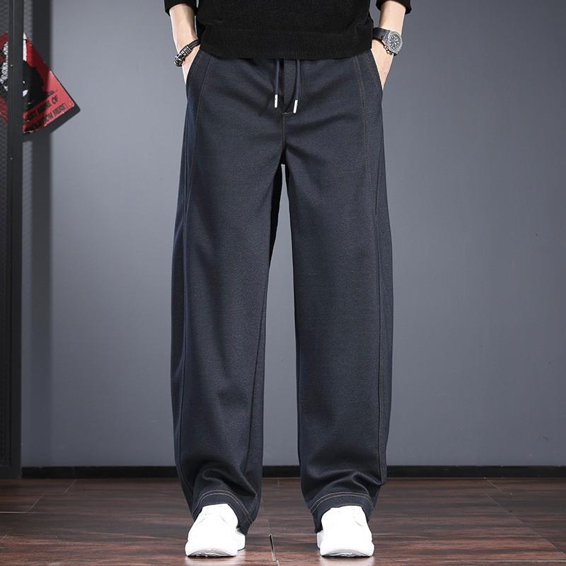 High-end knitted casual jeans men's autumn and winter loose straight wide-leg pants trendy brand loose scimitar pants