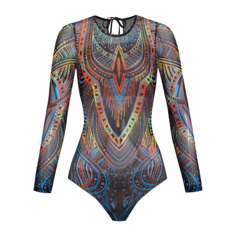 Swimsuit Women s Quick-drying Long-sleeved Mesh Sunscreen Swimsuit Europe and America XS