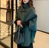 Women's Turn Down Collar Three Quarter Sleeve Cape Coat Oversized Fit Korean Style Solid Color Mid Length Wool Blend Winter Outerwear
