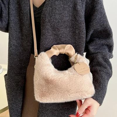 Women Faux Fur Plush Handbags Ruched Handle Small Lady Shoulder Crossbody Bag Casual Tote Half-Moon Hobos Winter Bags