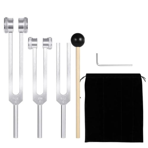 Dovhmoh (128Hz, 256Hz, 512Hz) Tuning Fork Set with Tuner Metronome and Reflex Hammer for Chakra Healing, Sound Therapy, and A-Repair