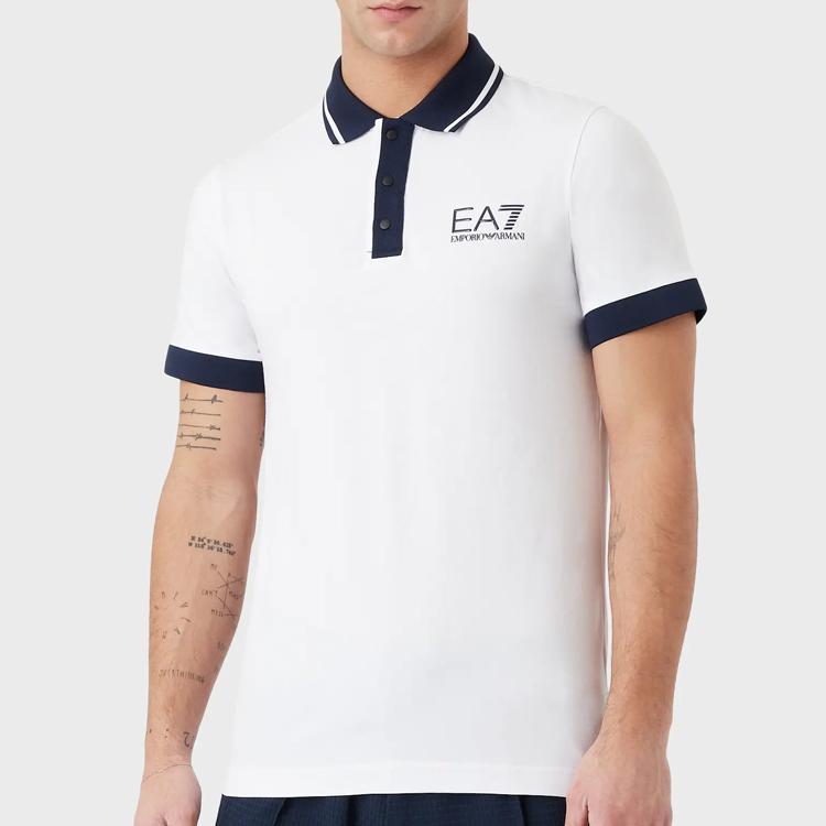 Emporio Armani EA7 Color Block Logo Print Casual Button Straight Fit Short Sleeve Polo Shirt Men Tops White 3RPF17-PJ03Z-1100