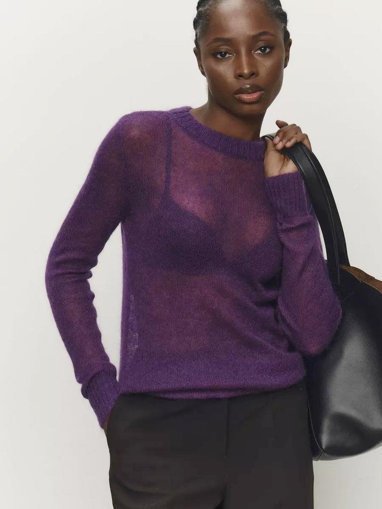 2025 Spring/Summer Women's European-American Mohair Crew Neck Semi-Transparent Knitted Sweater