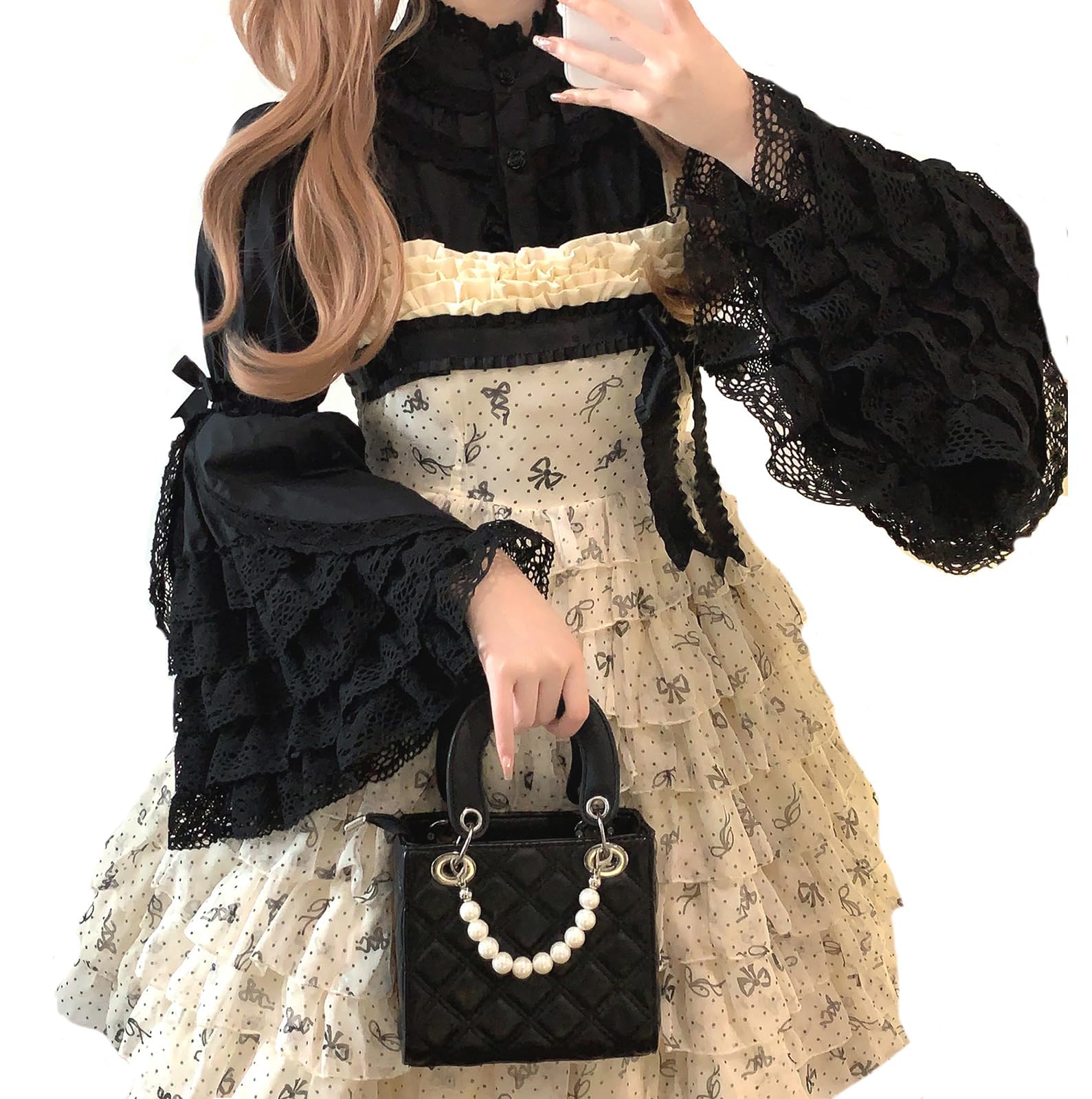 

Блузка Лолита с длинными рукавами-принцессами, готическая лолита, французская классика, зимняя [XHSUKADO], 5-слойные оборки, милая, женские рукава, воротник-стойка, чёрный