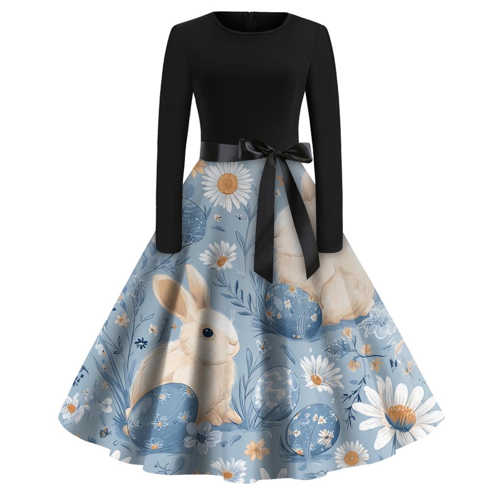 Women's Fashion Round Neck Casual Slim-fit Easter Printed Large Swing Long Sleeve Dress