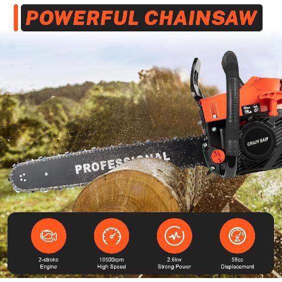 Upgrade 58cc Gas Chainsaw 20 Inch 2-Stroke Gas Powered Chainsaw Air-Cooled Gas Chain Saw Handheld Gasoline Chain Saw for Wood Cutting