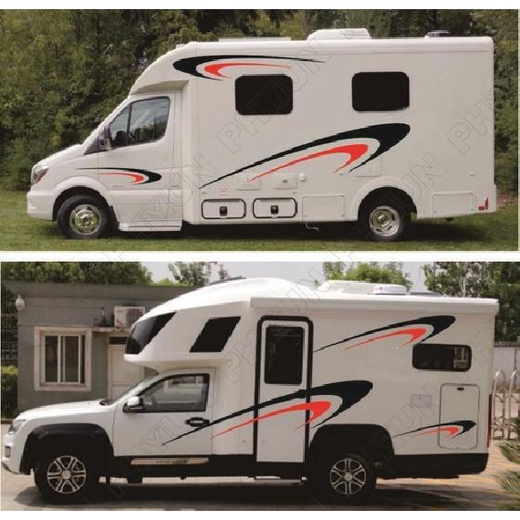 Black+Red Stripes Decal Vinyl Stickers For Camper RV Trailer Two Side Body Decor