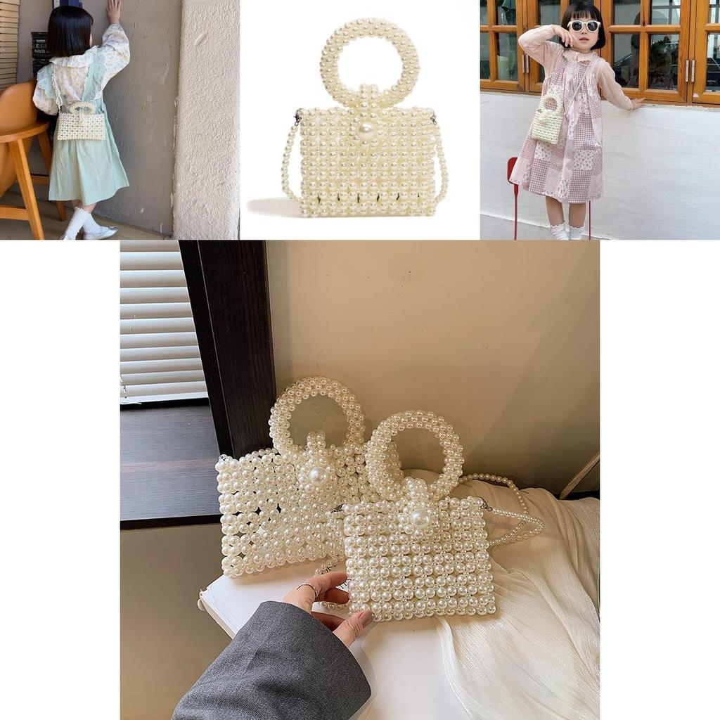 Stilvolle französische süße Perlen-Schultertasche für Kinder mit runden Ringen, trendy