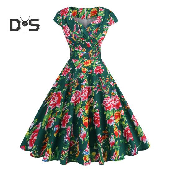 

Женское платье в китайском стиле с цветочным принтом, V-образным вырезом, коротким рукавом, этническим силуэтом, облегающим, с высокой талией, цветной скрытой молнией сзади, вечернее, выпускное, миди-платье M зелёный