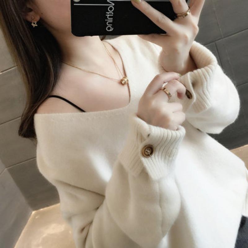 Autumn New Long Sleeve V Neck Women's Knitted Sweater Fashion Casual Loose Solid Winter Sweaters Women Soft Warm Elegant Ladies Knitwear Jumpers 25524
