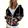 Women's Loose Long Sleeve Streetwear Hooded Sweatshirt with Zippered Pockets In Floral Pattern
