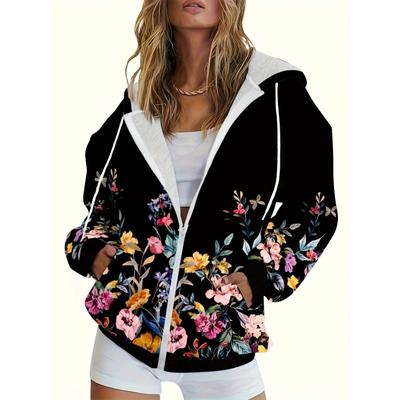 Damen Oversize Kapuzenpullover mit langen Ärmeln, Streetwear, mit Reißverschlusstaschen, im Blumenmuster