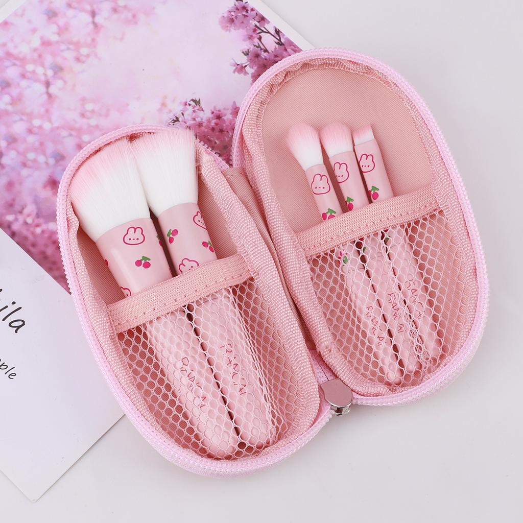 5Pcs Cute Compact Makeup Brush Set With Case Premium Brush for Flawless Foundation, Blush, Eyeshadow Application Beauty Tools