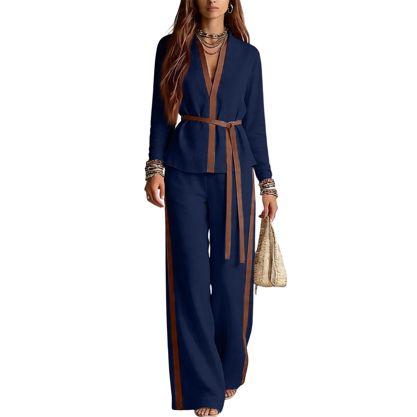 

Two Piece Women s Casual Set Long Sleeve Zip Up Jacket with Stand Collar and Wide Leg Pants with Side Stripes and Belted Waist S