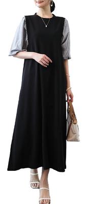 NEKORA Long Short Puff Maxi Summer Sweat Stain UV Plus Summer Dress for Women In Their 50s Black Dress, Sleeves, Sleeves, A-Line, Length,