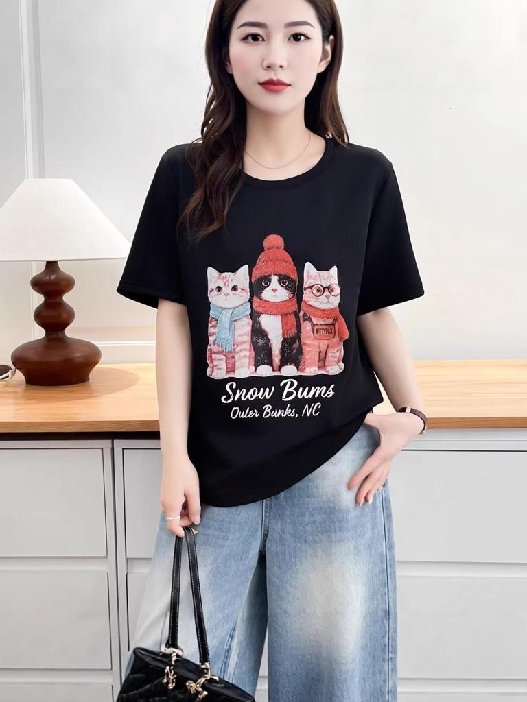 2026 Summer Korean Style Loose Fit Cartoon Cat Print Plus Size Pullover T-shirt for Women