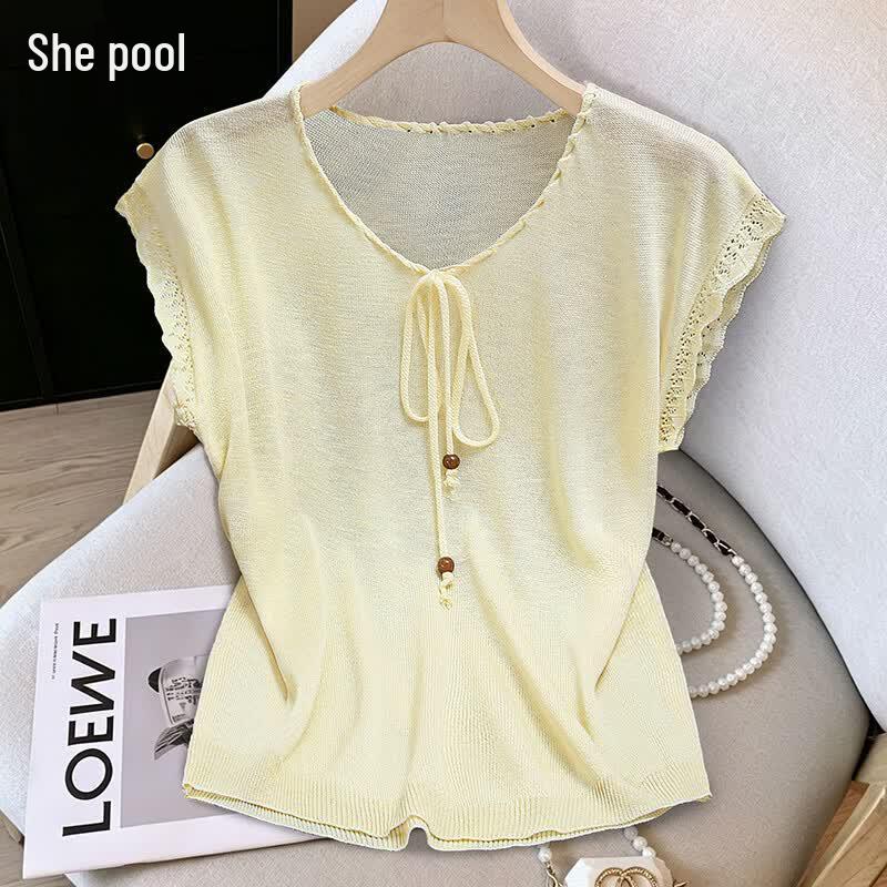 Women s Tie-Front Lace Trim Ice Silk T-Shirt One Size