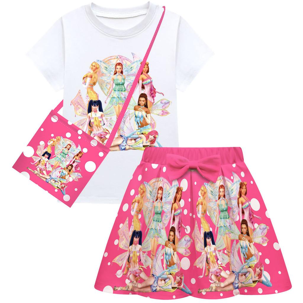 Bambina Ragazza T-shirt Manica Corta con Stampa KATSEYE Gonna Borsa Set di Vestiti