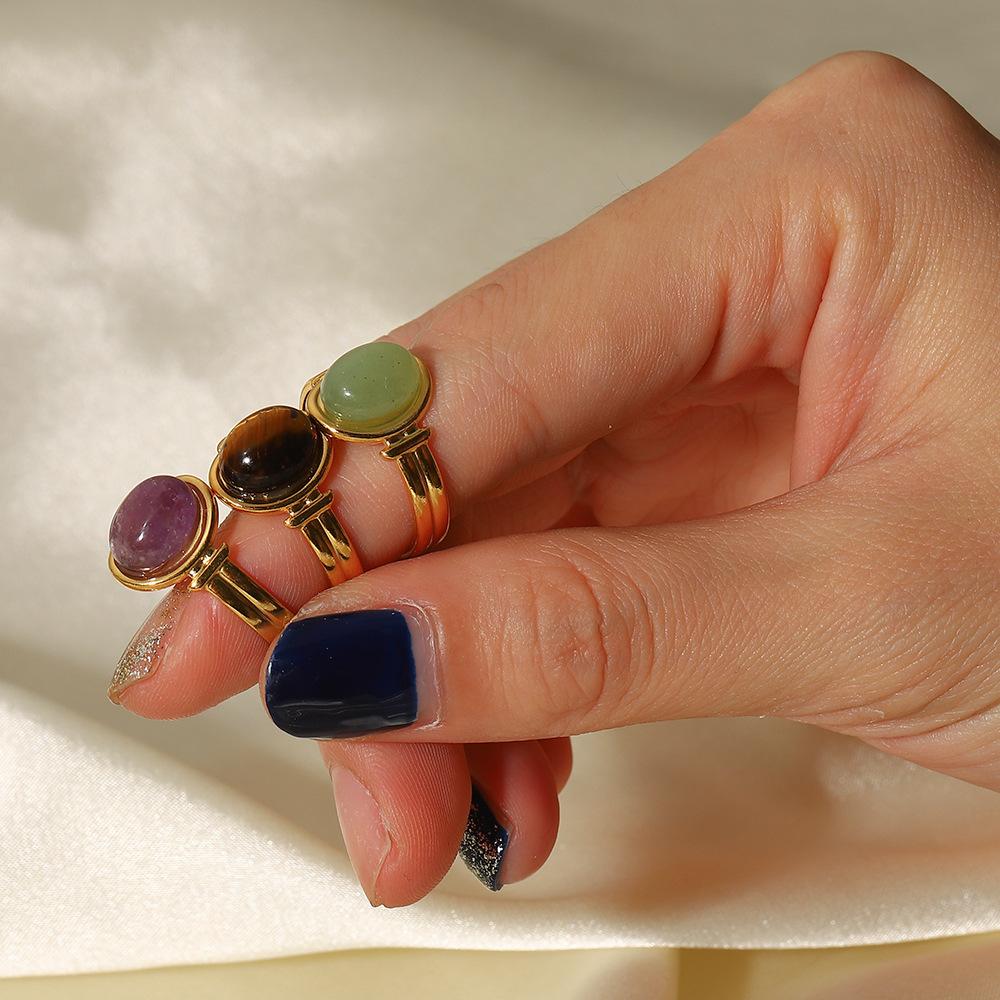 Europäischer und amerikanischer INS Internet-Star gleicher Ring 18K Gold ovaler Tigerauge/grüner/violetter Halbedelstein offener Ring