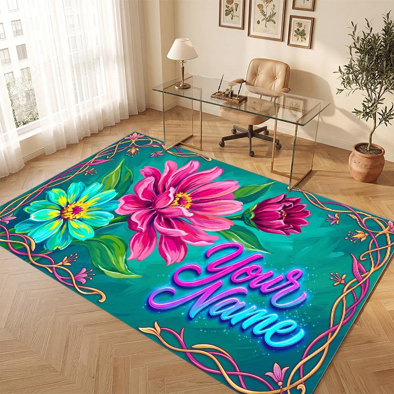 Floral Garden Theme Soft Crystal Velvet Rug Custom Name & Text Print Non Slip Floor Rug for Bedroom Living Room
