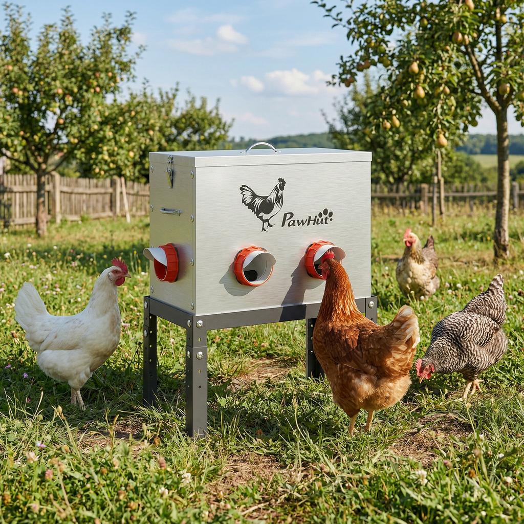 Automatic Chicken Feeder 27L, 6 Ports, Adjustable Height, Lockable Lid, 42x25x55cm, Steel, Silver