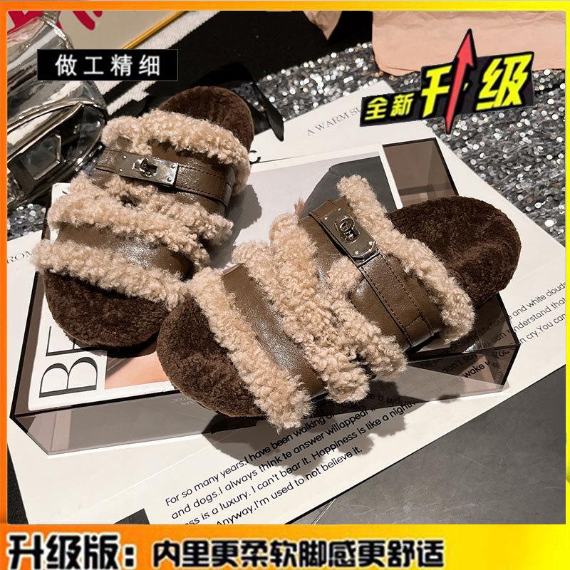 

Leather lamb wool shoes metal buckle buckle open toe sandals support wear flat shoes slippers women s shoes 40