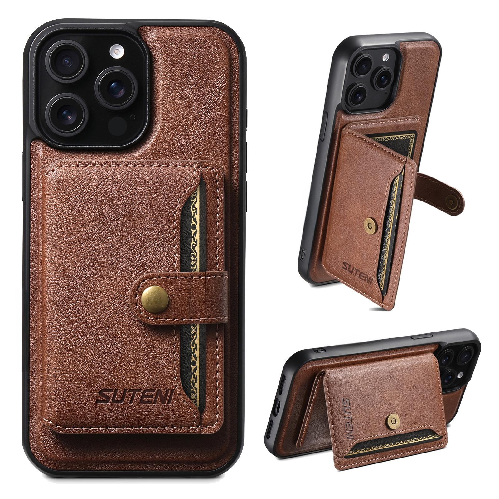 

SUTENI M4 For iPhone 13 Pro Magnetic Case with Card Holder Cowhide Texture Leather Back Cover Brown