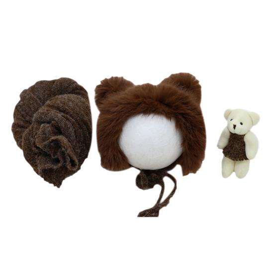 

3 шт. Одяг для новонароджених Теплий реквізит для фотографій Бавовняний ведмідь Лялька Ковдра Шапочка Аксесуари для фотосесії для дитини кавовий