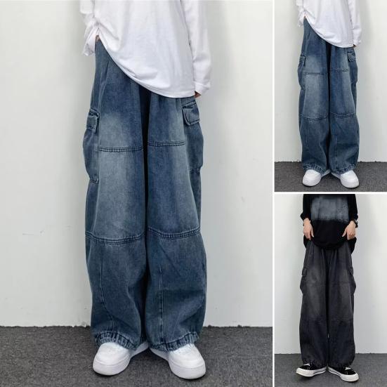 Men Baggy Cargo Jeans Multiple Pockets Solid Color Zipper Fly Loose Straight Wide Leg Pants Autumn Denim Trousers Streetwear