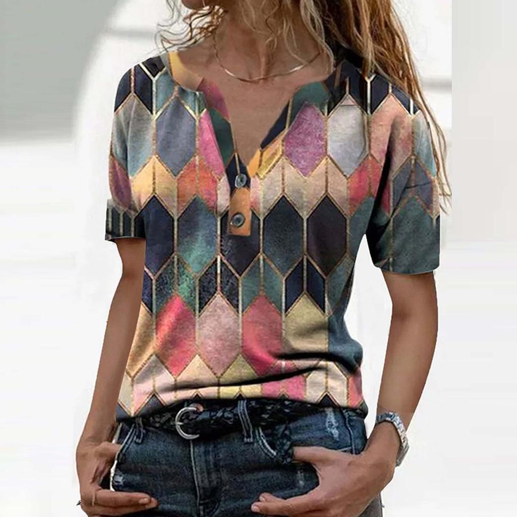 Fashion Women's Summer Printed Short Sleeve V- Neck Collar T-Shirt Tops