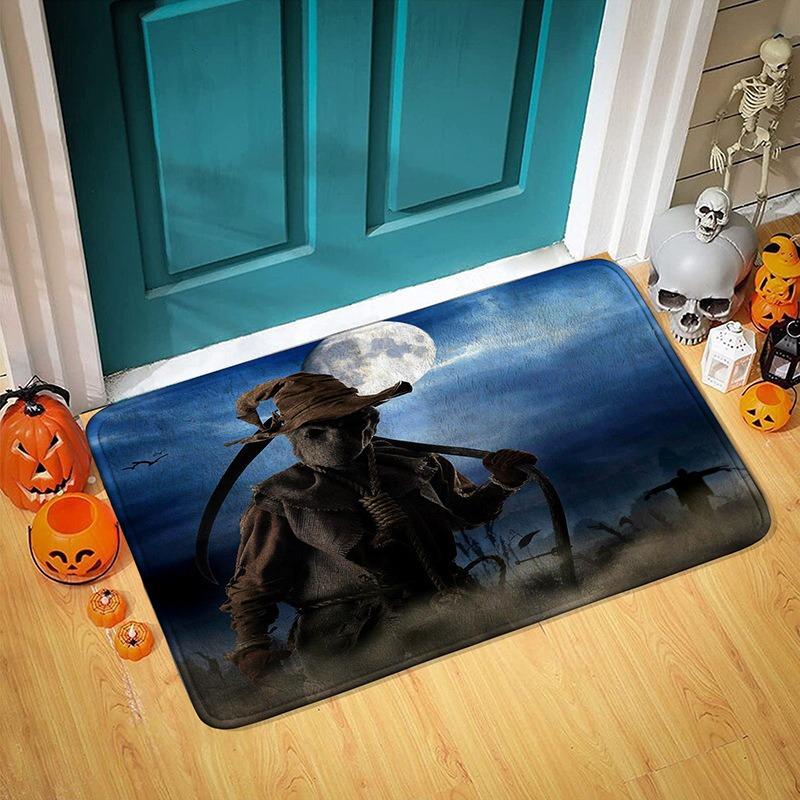 Halloween Themed Door Mat with Pumpkin Skull Reaper Pattern Non Slip Absorbent Outdoor Indoor Welcome Mat for Home Decor
