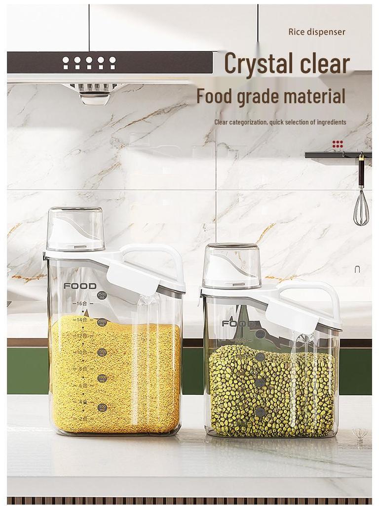 Transparent Portable Sealed Container with Measuring Cup for Grain, Cereal, Rice, Cat Food - Moisture & Insect Proof Kitchen Storage.