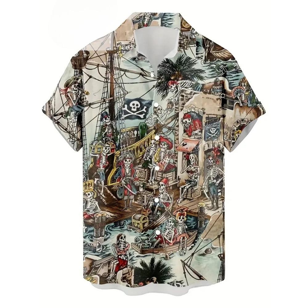 Retro Fashion Printed Pirate Pattern Men's Shirt Summer Street Beach Shirt Hip Hop Cool