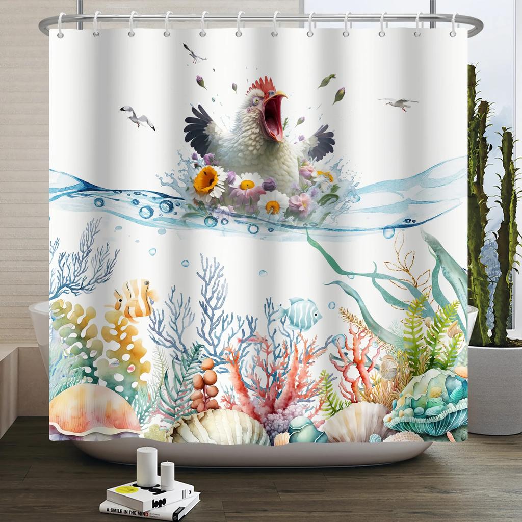 Sea Turtle Shower Curtain Ocean Animals Jellyfish Seahorse Starfish Nautical Underwater Marine Life Waterproof Bathroom Curtain