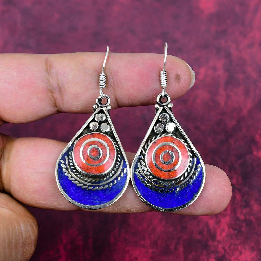 Coral & Lapis Lazuli 925 Solid Sterling Silver Nepali Earrings, Handmade Gemstone Earrings Jewelry, Gifts For Wife Brand New Earrings
