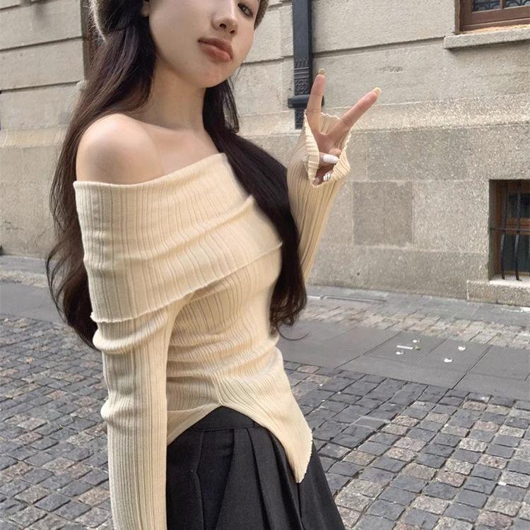 Women's Sexy One-Shoulder Long Sleeve Knitted Sweater - Slim Fit, Irregular Hem, Short Top for Autumn and Winter