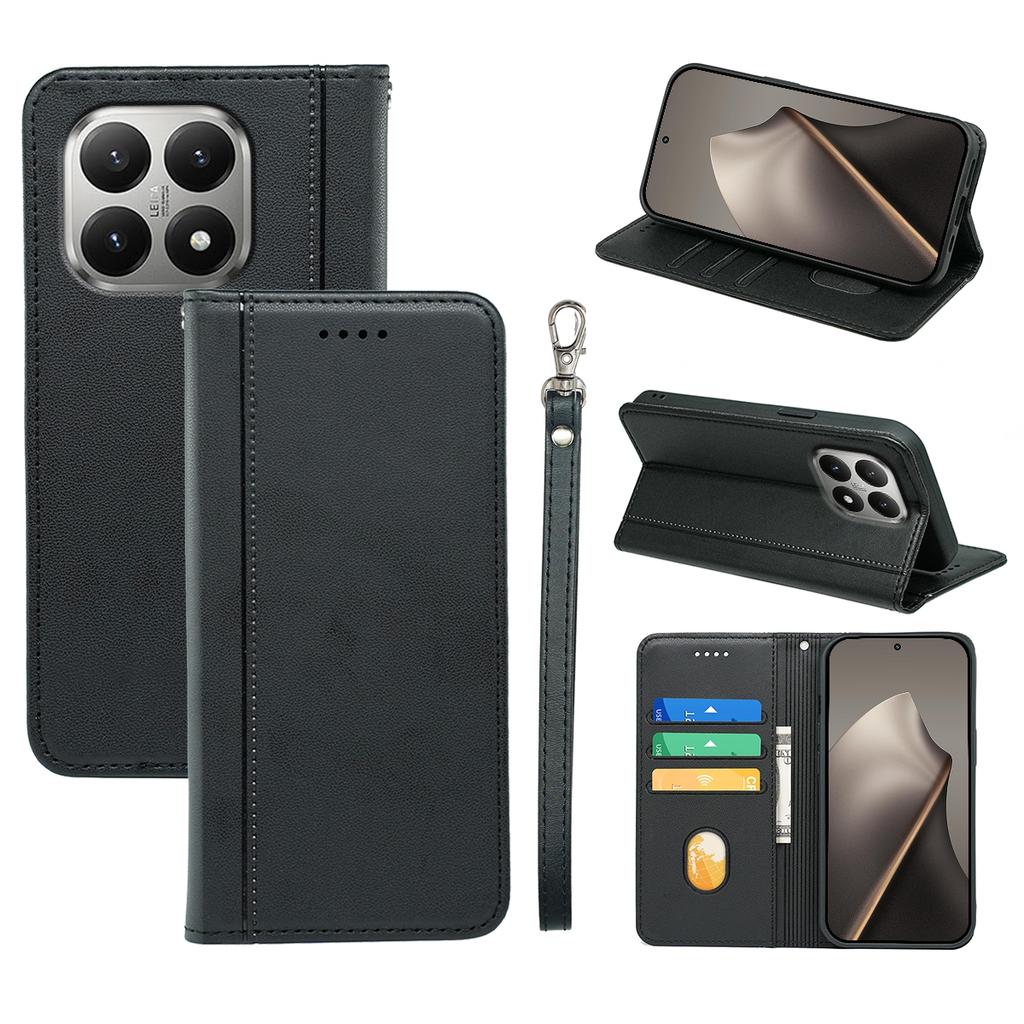 For Xiaomi 15T Wallet Case Magnetic Closing PU Leather Phone Cover with Wrist Strap