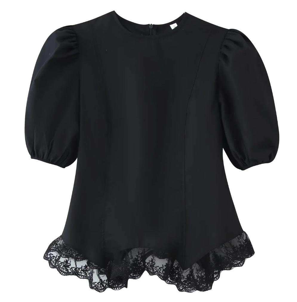 European and American Women's Clothing Popular Fashion Casual Bud Edge Bubble Sleeves Short-sleeved Tops