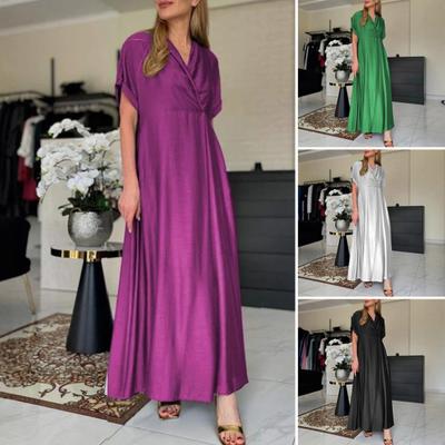 Spring Women Dress V Neck Short Sleeve Loose A-line Pure Color Ankle Length Maxi Dress Pleated Prom Party Dating Dress