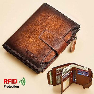Men's Genuine Leather Wallet Vintage Short Multi Function Card Slots RFID Blocking Protection Zipper Coin Pocket Money Bags