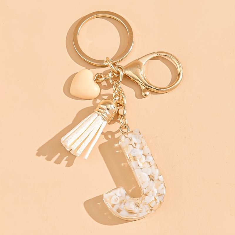 26 Iniciais Alfabeto A a Z Chaveiro de Letra Borla em Forma de Coração Bege Argolas de Chave Moda Enfeite Pendurado para Bolsa Bugiganga de Carro Presentes