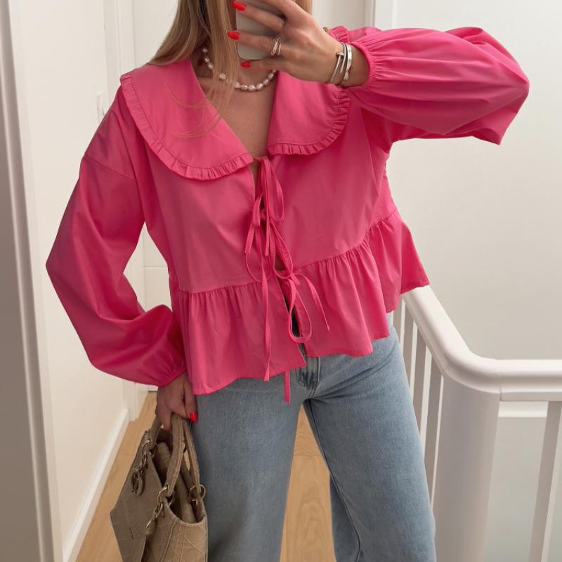 

Шикарні однотонні жіночі сорочки з коміром для ляльки Пітер Пен, літні блузки з довгим рукавом і шнурівкою, жіночі вуличні жіночі топи L рожевий