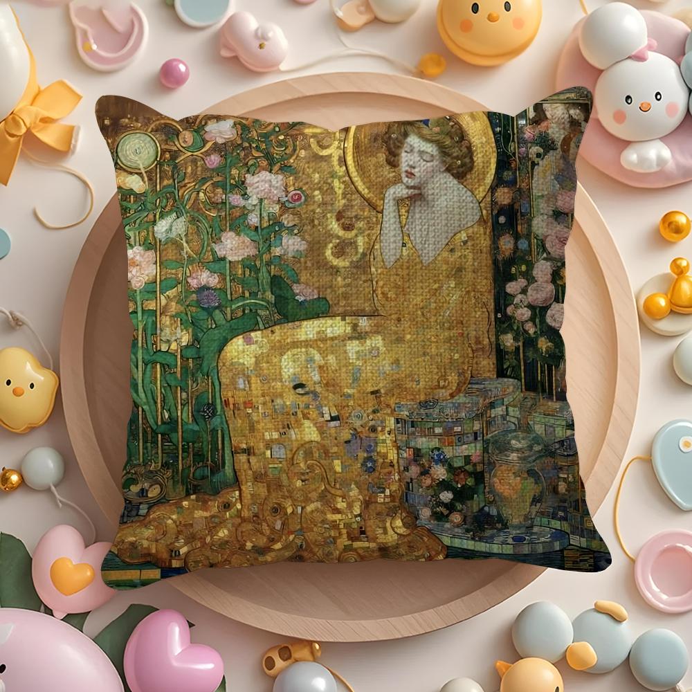 Gustav Klimt Oil Painting Cushion Cover Natural Linen Organic Fabric Double-Sided Printing Sofa Home Decor Gift Pillow Case