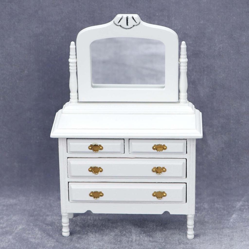 Dollhouse Makeup Vanity with Mirror & Perfume Tray 1/12 Miniature Dressing Table for Dollhouse Bedroom Furniture Decoration