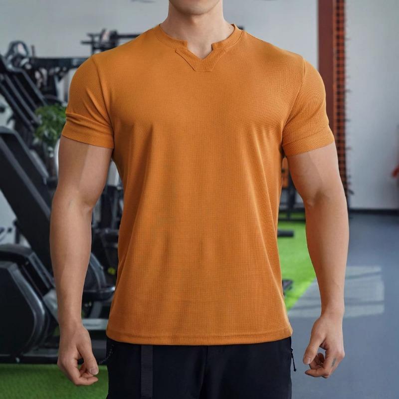Men s Summer Sports Fitness and Leisure Vertical Stripe Stretch Vertical Stripe V-Neck Short Sleeve T-Shirt S