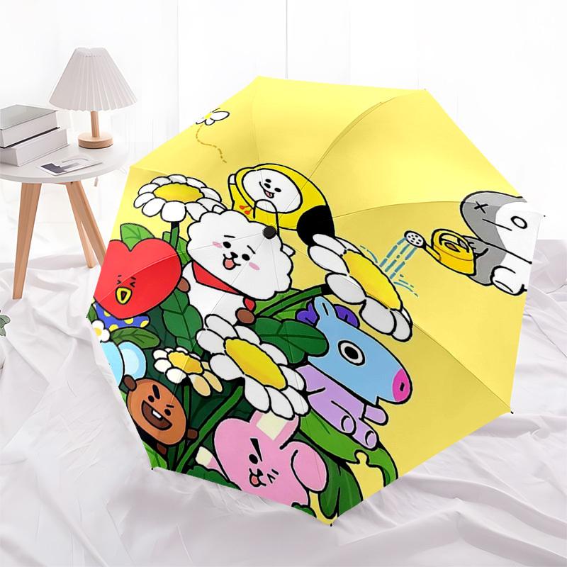 1pc Outdoor Umbrella with BT21 Characters - Automatic Opening/Closing, Portable 3-Fold Design, 8-Rib Iron Frame - Perfect Gift for Fans, Traveler