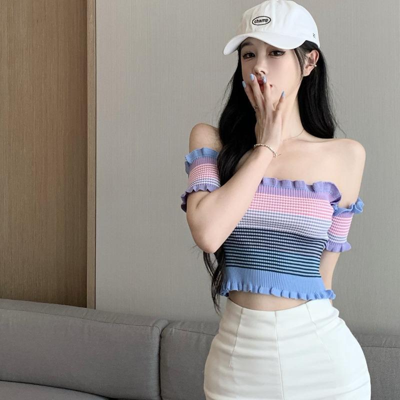 Women's Off-the-Shoulder Striped Knit Tee: 2024 Slim-Fit Summer Design