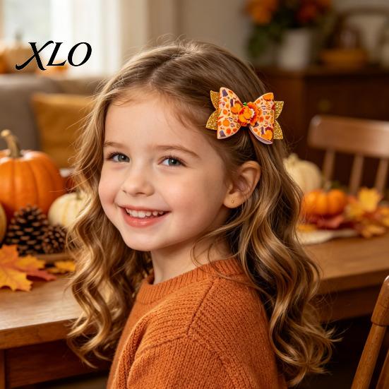 Festival Style Hair Accessories Thanksgiving Turkey Bow Clip for Girls, Decorative Pins, Maple Leaf Pins Double Layer Glitter Clip, Cute Autumn