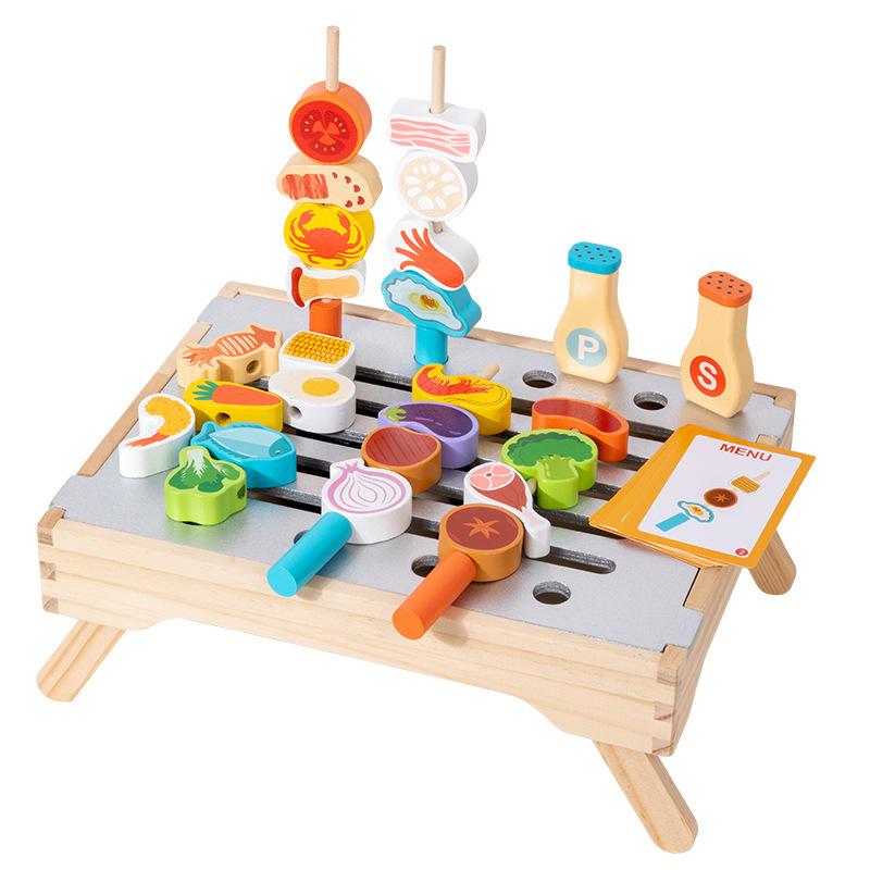 Children's wooden simulation barbecue grill food parent-child interactive kitchen game simulation play house puzzle toy
